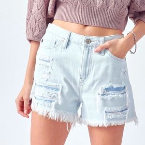 KANCAN Rosie Ultra High Rise Distressed Shorts in Light Wash